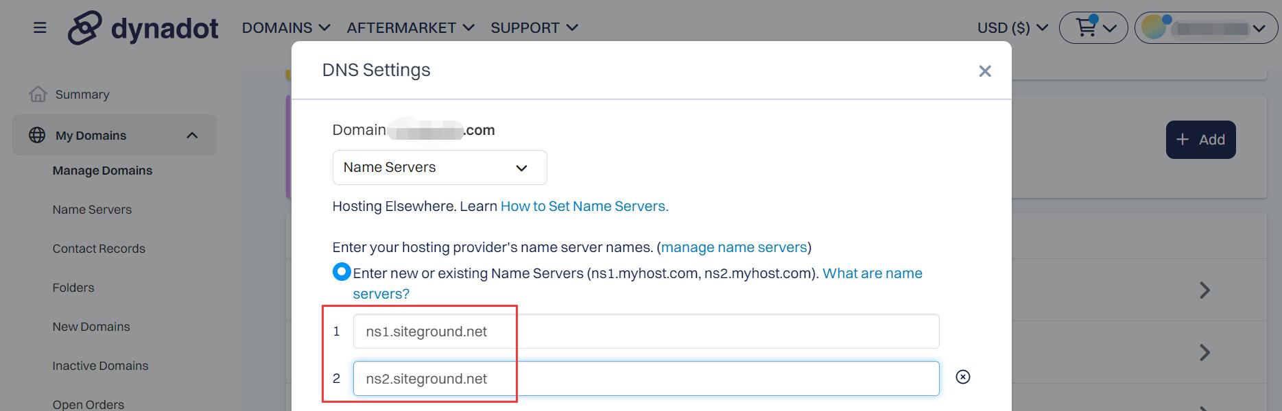 input siteground nameserver setting